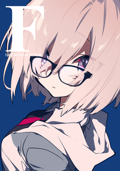 Anime picture 1460x2070 with fate (series) fate/grand order mash kyrielight mochizuki kei single tall image looking at viewer breasts simple background purple eyes pink hair blue background girl bow hair bow glasses
