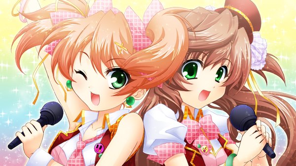 Anime picture 1280x720 with sangoku hime unicorn-a long hair short hair open mouth blonde hair brown hair wide image multiple girls green eyes game cg one eye closed wink girl dress bow 2 girls hair bow hat microphone