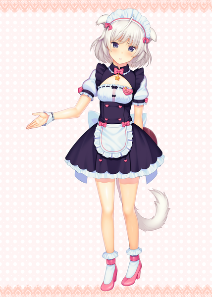 Anime picture 1745x2448 with neko paradise original neko works (studio) eventh7 single tall image looking at viewer blush highres short hair blue eyes animal ears tail animal tail high heels outstretched arm waitress girl dress bow