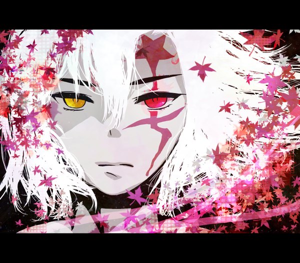 Anime picture 3037x2667 with d.gray-man allen walker highres short hair absurdres white hair heterochromia scar close-up leaf (leaves)