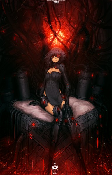 Anime picture 1000x1562 with original ishutani (artist) single tall image looking at viewer short hair black hair red eyes sitting inscription mechanical mechanical parts girl eyepatch