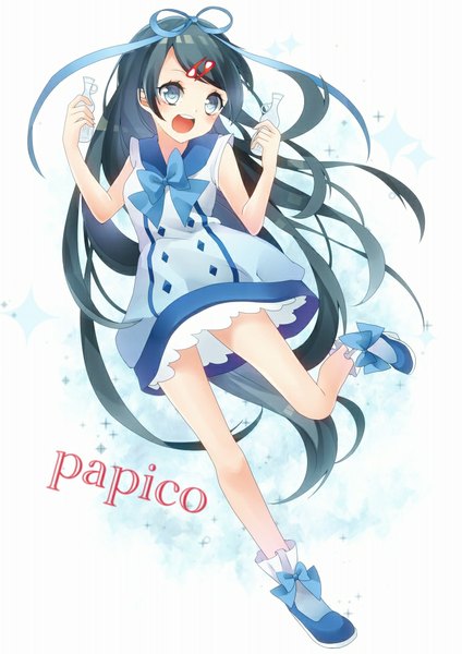 Anime picture 723x1024 with original papico (ice cream) papico kyouda suzuka single tall image blush open mouth blue eyes black hair white background looking away very long hair character names girl dress hair ornament ribbon (ribbons) hair ribbon hairclip