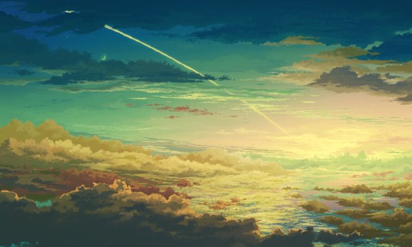 Anime picture 2000x1200 with original juuyonkou highres wide image cloud (clouds) city horizon scenic moon star (stars)