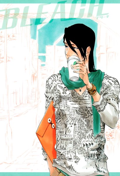 Anime picture 2068x3028 with bleach studio pierrot kuchiki byakuya single long hair tall image highres blue eyes black hair looking away hand in pocket boy bracelet scarf pendant sweater drink disposable cup coffee