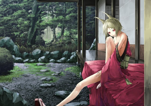 Anime picture 1518x1075 with original solru (tyappygain) single looking at viewer fringe short hair breasts light erotic blonde hair red eyes sitting bare shoulders animal ears traditional clothes japanese clothes fox ears landscape nature girl plant (plants)