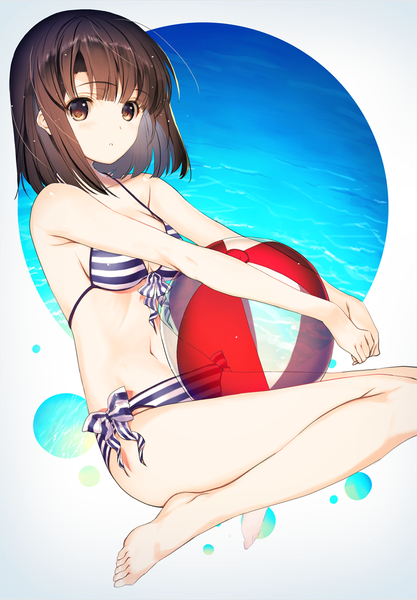 Anime picture 799x1150 with saenai heroine no sodatekata a-1 pictures katou megumi nakamura takeshi single tall image looking at viewer fringe short hair breasts brown hair sitting brown eyes blunt bangs parted lips barefoot striped front-tie top girl navel