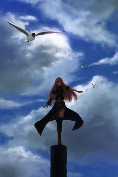 Anime picture 1000x1500 with vocaloid megurine luka auau single long hair tall image open mouth standing pink hair sky cloud (clouds) eyes closed wind high heels alternate hairstyle wind lift girl thighhighs animal belt