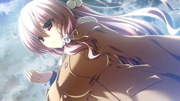 Anime picture 1280x720 with 12 no tsuki no eve shiina mizuka single long hair breasts red eyes wide image pink hair game cg girl coat