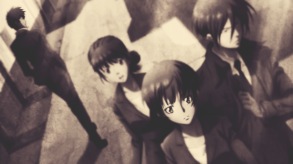 Anime picture 1920x1080 with psycho-pass production i.g kougami shin'ya tsunemori akane nobuchika ginoza shimotsuki mika fringe highres short hair hair between eyes wide image multiple girls looking away from above blurry multiple boys hair bun (hair buns) wallpaper monochrome group