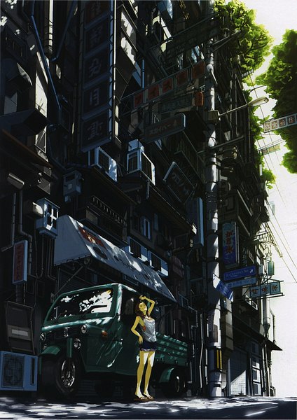 Anime picture 1311x1853 with original nicocco (guru) tall image short hair brown hair looking away shadow looking up girl plant (plants) tree (trees) shorts building (buildings) ground vehicle car truck pickup truck