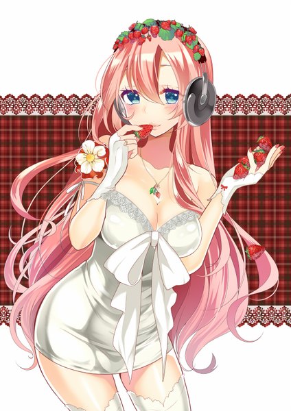 Anime picture 1200x1697 with vocaloid megurine luka temari (deae) single long hair tall image looking at viewer blush fringe blue eyes bare shoulders holding pink hair hair flower off shoulder zettai ryouiki plaid plaid background girl thighhighs