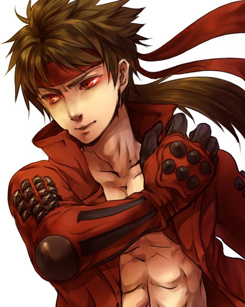 Anime picture 1024x1280 with sengoku basara production i.g sanada yukimura single long hair tall image simple background red eyes brown hair white background tail open clothes open shirt boy choker hachimaki
