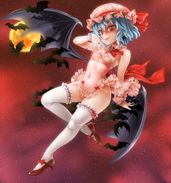 Anime picture 1800x1933 with touhou remilia scarlet asanagi single tall image highres short hair light erotic red eyes bare shoulders blue hair nail polish night teeth fang (fangs) night sky girl thighhighs bow ribbon (ribbons)