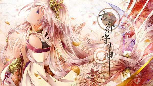 Anime picture 1200x676 with vocaloid ia (vocaloid) tyouya single long hair blue eyes wide image looking away pink hair tears hieroglyph looking up girl flower (flowers) petals tiara