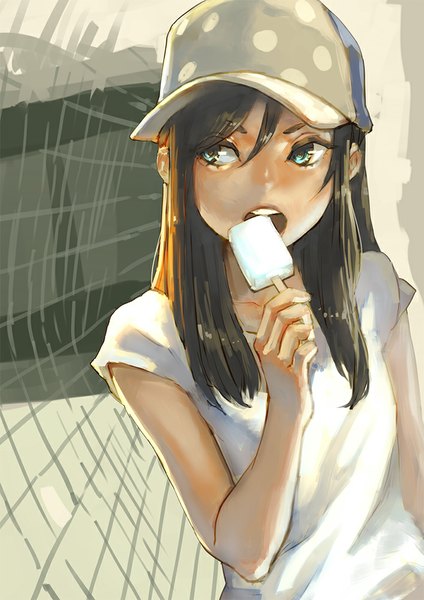 Anime picture 707x1000 with original aro (charged time out) single long hair tall image open mouth brown hair looking away aqua eyes eating girl food sweets ice cream cap blouse fence baseball cap popsicle