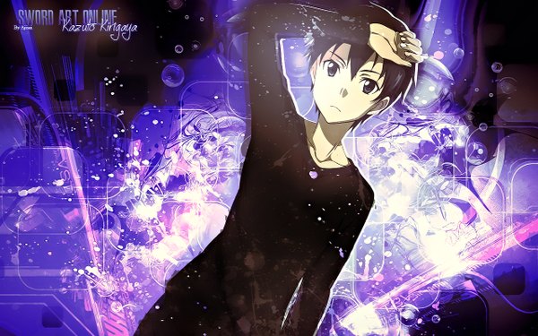 Anime picture 1280x800 with sword art online a-1 pictures kirigaya kazuto single looking at viewer short hair black hair wide image black eyes inscription hand on head boy shirt