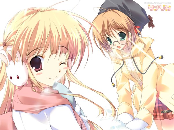 Anime picture 1600x1200 with original mikeou long hair looking at viewer blush short hair open mouth blonde hair smile multiple girls brown eyes green eyes one eye closed wink girl 2 girls glasses scarf cap winter clothes