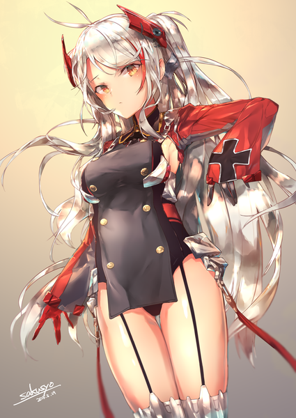 Anime picture 1254x1770 with azur lane prinz eugen (azur lane) sakusyo single long hair tall image looking at viewer blush breasts light erotic simple background standing brown eyes signed silver hair ahoge long sleeves multicolored hair two-tone hair two side up