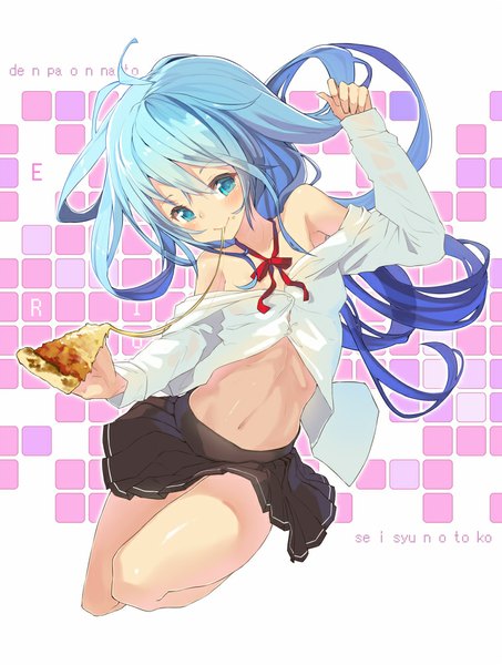 Anime picture 756x1000 with denpa onna to seishun otoko shaft (studio) touwa erio yoo (tabi no shiori) single long hair tall image looking at viewer blush blue eyes light erotic smile blue hair ahoge inscription open clothes bare belly bare legs open shirt character names