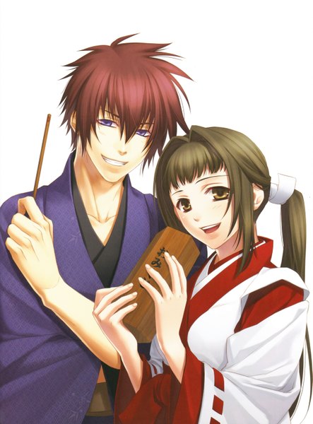 Anime picture 4338x5872 with hiiro no kakera kasuga tamaki onizaki takuma long hair tall image looking at viewer fringe highres short hair open mouth smile brown hair white background purple eyes brown eyes absurdres ponytail red hair traditional clothes head tilt