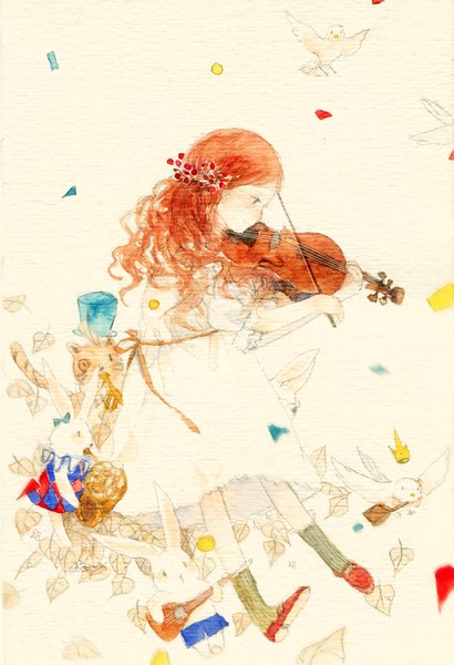 Anime picture 1221x1786 with original marchch single long hair tall image blue eyes profile orange hair traditional media freckles watercolor (medium) girl dress hair ornament animal white dress bird (birds) leaf (leaves) cat musical instrument