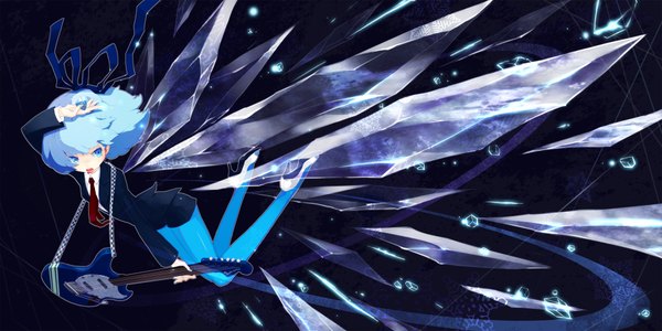 Anime picture 1800x900 with touhou cirno gin (oyoyo) single highres short hair open mouth blue eyes wide image blue hair black background girl ribbon (ribbons) hair ribbon wings necktie guitar ice