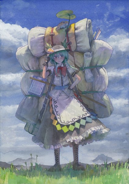 Anime picture 823x1168 with touhou hinanawi tenshi misawa hiroshi single long hair tall image blush smile red eyes looking away sky cloud (clouds) green hair hand on hip alternate hairstyle lacing traditional media watercolor (medium) girl gloves