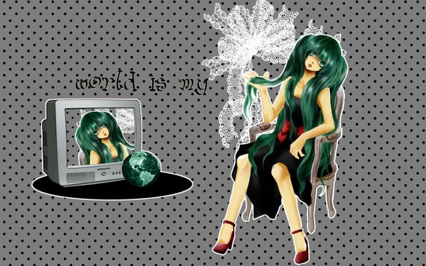 Anime picture 2880x1800 with vocaloid hatsune miku long hair highres blue eyes simple background wide image sitting green hair girl chair television globe