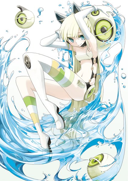 Anime picture 1225x1735 with original tansuke single long hair tall image blush blonde hair animal ears aqua eyes light smile cat ears girl gloves navel water elbow gloves thigh boots water drop