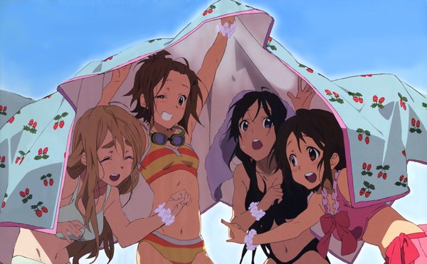 Anime picture 5787x3581 with k-on! kyoto animation akiyama mio hirasawa yui kotobuki tsumugi tainaka ritsu takao noriko long hair highres short hair open mouth black hair smile brown hair wide image multiple girls eyes closed :d one eye closed scan