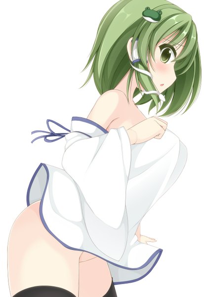 Anime picture 1000x1452 with touhou kochiya sanae chimunge single long hair tall image blush open mouth light erotic white background bare shoulders green eyes profile green hair girl thighhighs hair ornament black thighhighs detached sleeves hair tubes