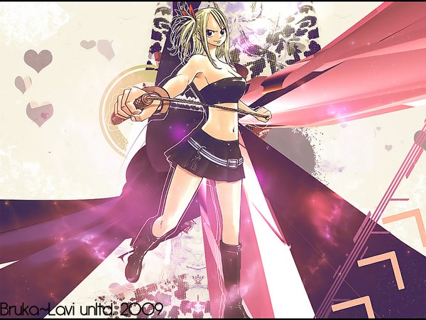 Anime picture 1024x768 with fairy tail lucy heartfilia single long hair looking at viewer fringe breasts blonde hair large breasts standing bare shoulders holding payot cleavage full body bare belly armpit (armpits) one side up outstretched arm standing on one leg