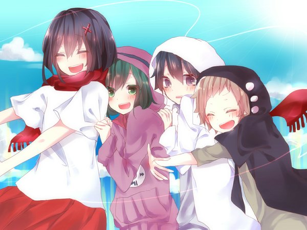 Anime picture 1195x896 with kagerou project shaft (studio) tateyama ayano kido tsubomi kano shuuya seto kousuke chunnkoromochi blush fringe short hair open mouth black hair simple background multiple girls green eyes sky cloud (clouds) eyes closed parted lips :d