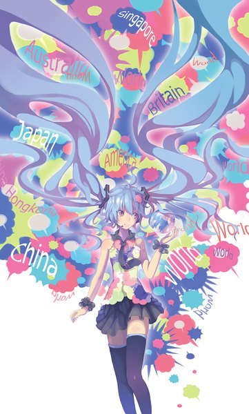 Anime picture 838x1390 with vocaloid hatsune miku madyy single tall image blush twintails blue hair looking away very long hair nail polish pink eyes inscription girl thighhighs black thighhighs necktie