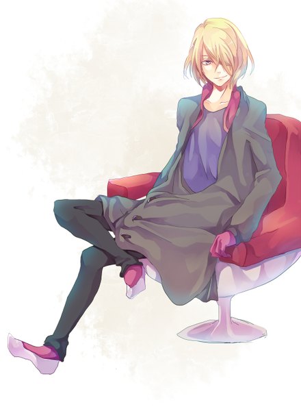 Anime picture 1050x1432 with aquarion (series) aquarion evol satelight jin musou single tall image fringe short hair blonde hair simple background smile white background sitting yellow eyes hair over one eye gloves chair coat