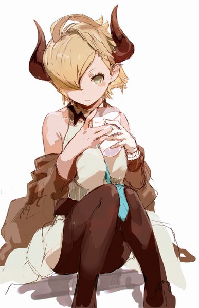 Anime picture 800x1240 with granblue fantasy laguna (granblue fantasy) so-bin single tall image looking at viewer blush fringe short hair simple background blonde hair white background sitting bare shoulders holding green eyes ahoge bent knee (knees) horn (horns) pointy ears