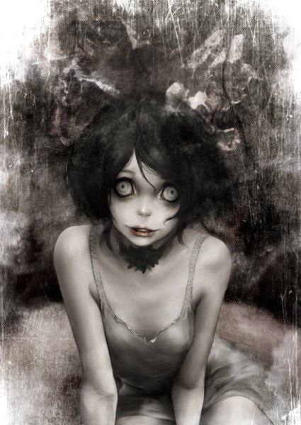 Anime picture 1062x1500 with original genk single tall image short hair black hair lips grey eyes girl sundress