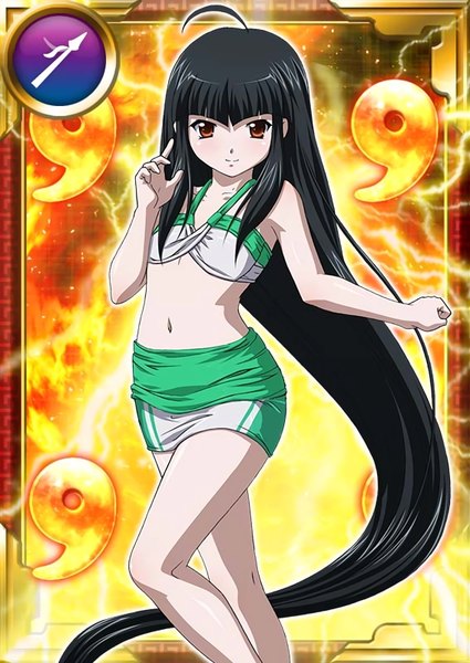 Anime picture 567x800 with ikkitousen shifu (ikkitousen) single tall image looking at viewer light erotic black hair brown eyes very long hair loli card (medium) girl navel