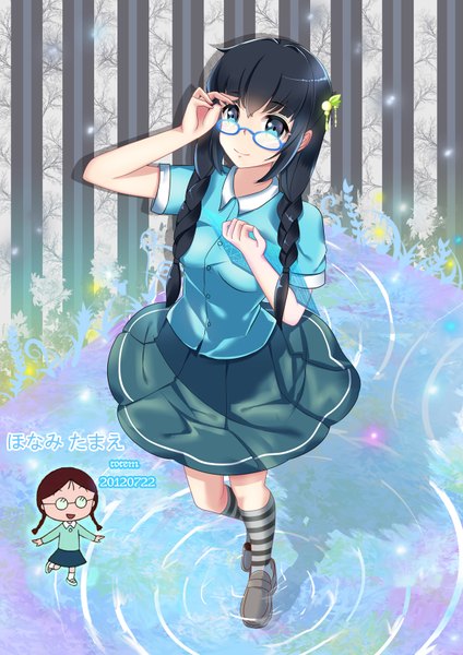 Anime picture 1200x1697 with original totem long hair tall image looking at viewer blue eyes black hair twintails braid (braids) chibi girl skirt hair ornament flower (flowers) shirt socks glasses striped socks