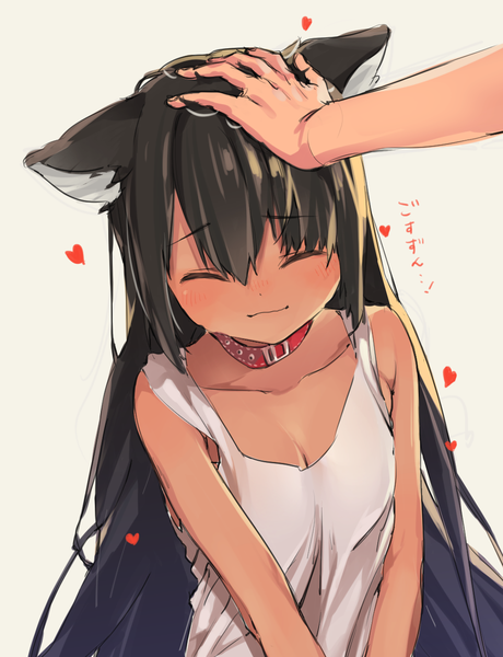 Anime picture 970x1263 with original megumoke long hair tall image blush fringe black hair simple background hair between eyes eyes closed light smile from above grey background sleeveless dark skin hieroglyph solo focus hand on another's head headpat girl