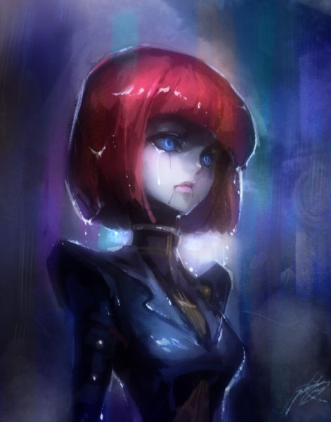 Anime picture 1100x1400 with league of legends orianna (league of legends) phantom (ptcrow) single tall image short hair blue eyes signed looking away red hair lips mechanical girl clothes