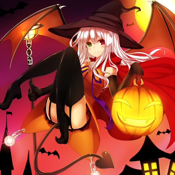 Anime picture 1000x1000 with shirokami gakuen fumatake single long hair blush white hair tail heterochromia halloween witch girl thighhighs dress gloves black thighhighs animal wings elbow gloves witch hat bat
