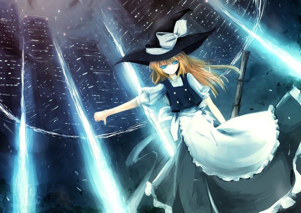 Anime picture 1328x939 with touhou kirisame marisa arufa (hourai-sugar) single long hair blonde hair aqua eyes witch girl dress skirt building (buildings) witch hat skirt set broom