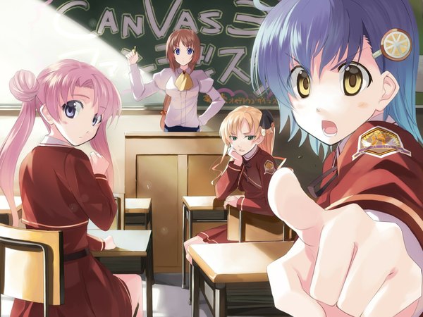 Anime picture 1600x1200 with canvas (anime) canvas 3 tagme (character) akebi yusa kabocha (monkey4) blonde hair twintails blue hair pink hair classroom serafuku