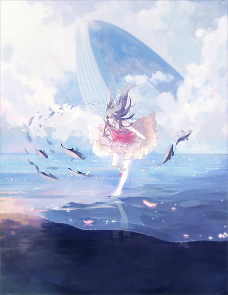Anime picture 772x1000 with original left mouse single long hair tall image black hair standing bare shoulders looking away sky bent knee (knees) profile standing on one leg reflection horizon girl dress animal petals sea