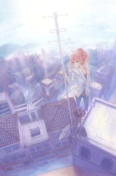 Anime picture 1057x1597 with original mins (minevi) single tall image fringe short hair blue eyes standing holding pink hair sky ahoge from above city cityscape girl water jacket belt hood