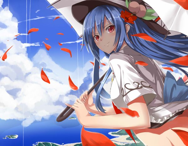 Anime picture 1000x780 with touhou hinanawi tenshi neropaso single long hair blush red eyes blue hair cloud (clouds) girl dress hat petals umbrella