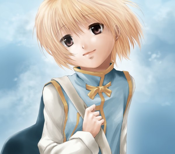 Anime picture 1264x1111 with hunter x hunter kurapica totomachi single short hair blonde hair brown eyes looking away upper body light smile blue background boy