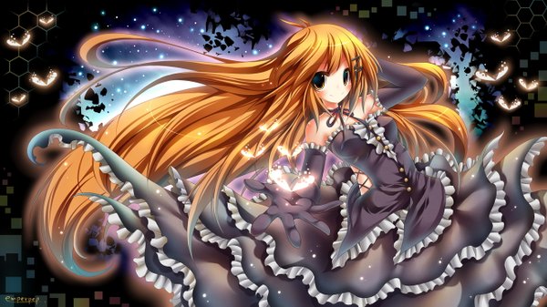 Anime picture 1321x743 with original emperpep single long hair blush smile wide image bare shoulders orange hair orange eyes goth-loli girl dress gloves hair ornament elbow gloves hairclip black dress insect butterfly