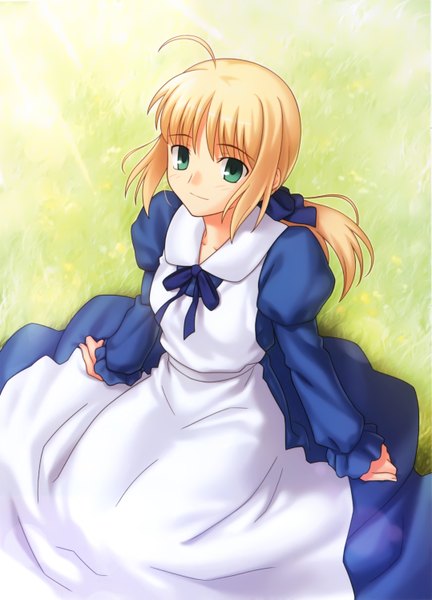 Anime picture 4306x5972 with fate (series) fate/stay night studio deen type-moon artoria pendragon (all) saber single long hair tall image highres blonde hair green eyes absurdres ahoge girl dress